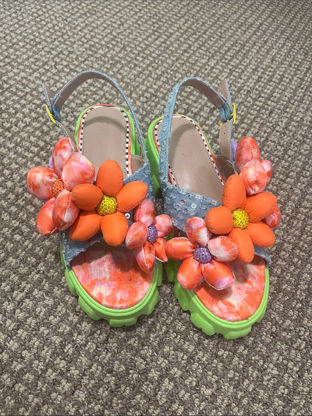 Betsey Johnson Orange Floral Strap Sandals with Lime Green Soles